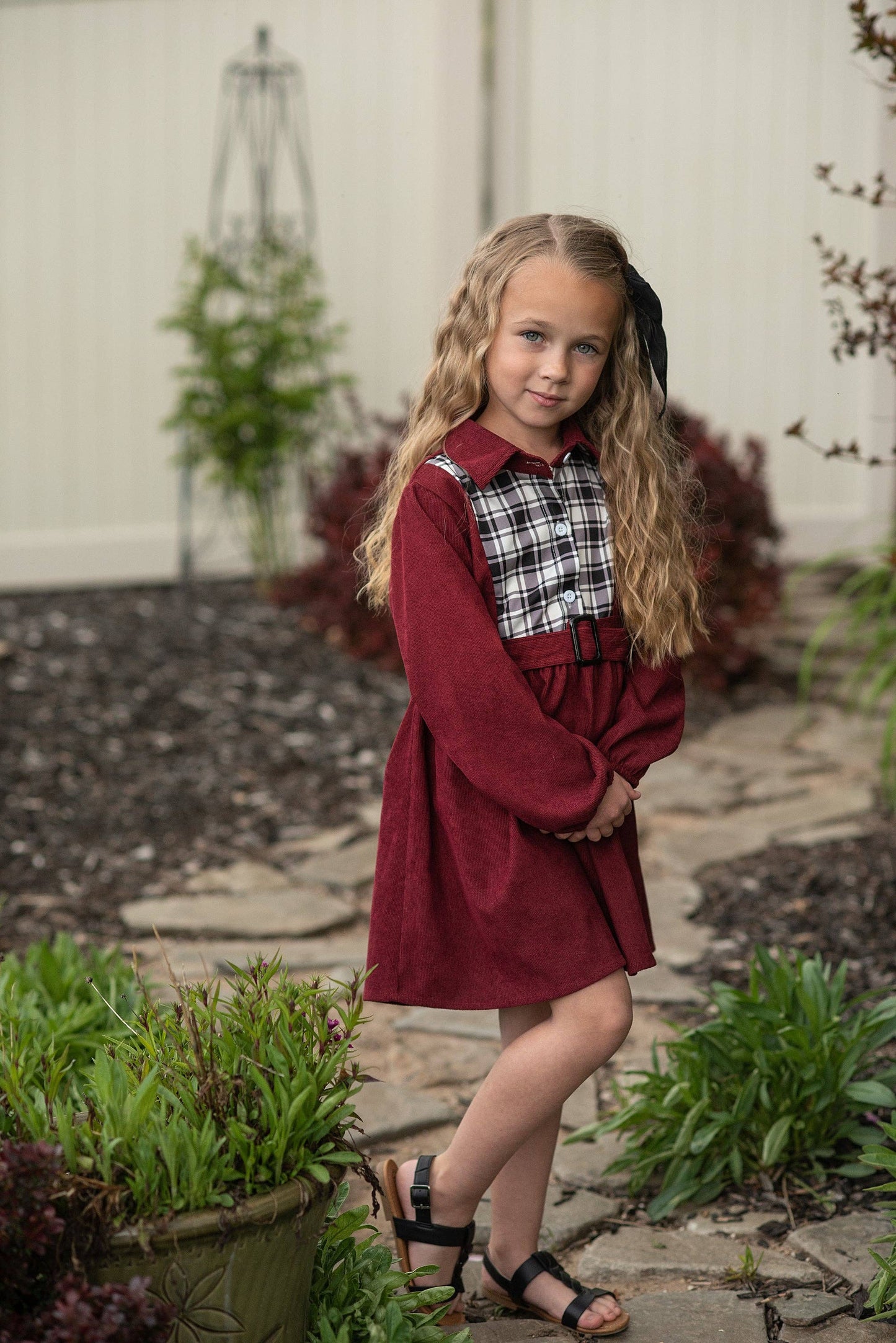 Kids Burgundy Black & White Plaid Yoke Long Sleeve Dress: