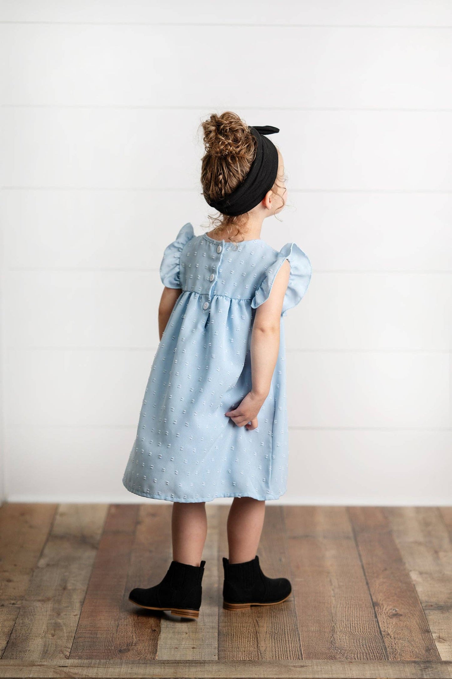 Girls Dusty Blue Ruffle Bib Swiss Dot Spring Summer Dress: