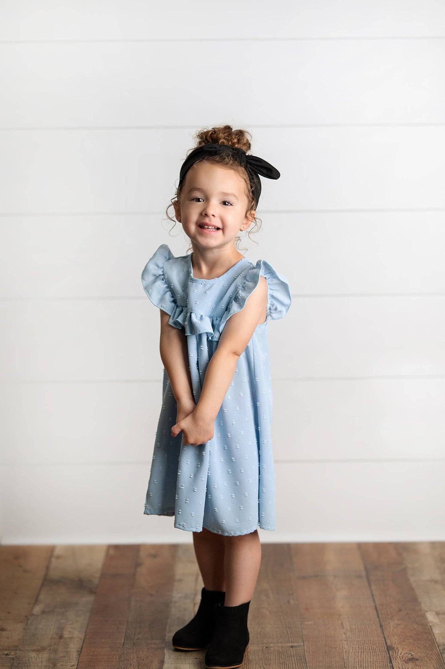 Girls Dusty Blue Ruffle Bib Swiss Dot Spring Summer Dress: