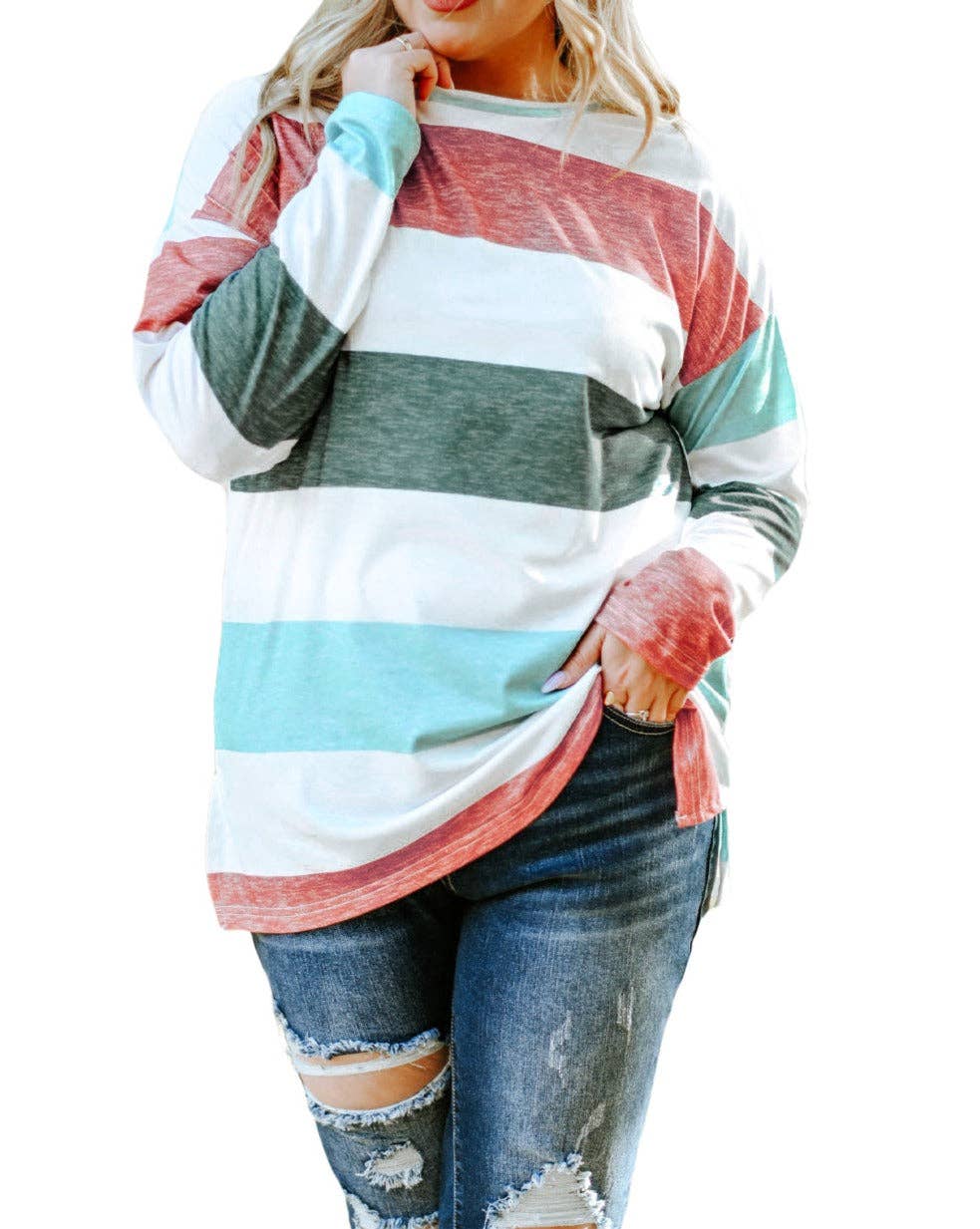 Stripe Colorblock Pullover Top Plus Size: Green / 95%Polyester+5%Elastane