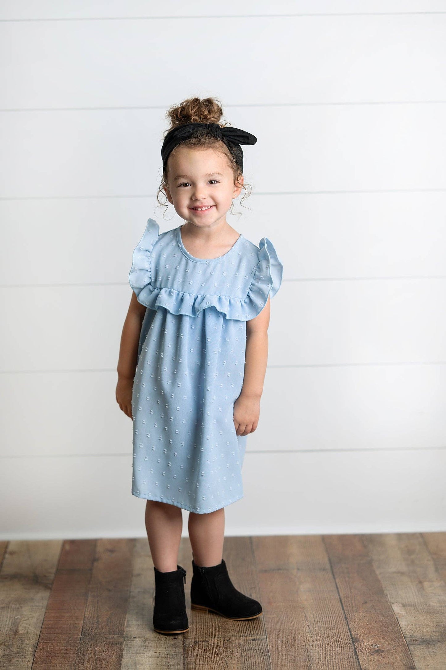 Girls Dusty Blue Ruffle Bib Swiss Dot Spring Summer Dress: