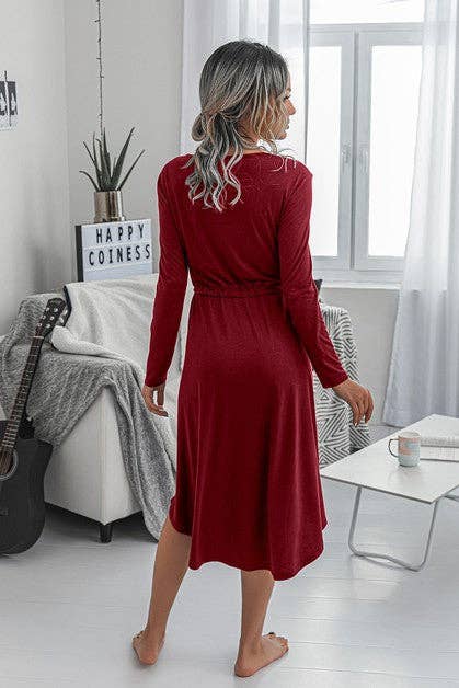 Solid Round Neck Long Sleeve Drawstring Dress: ROYAL BLUE / L
