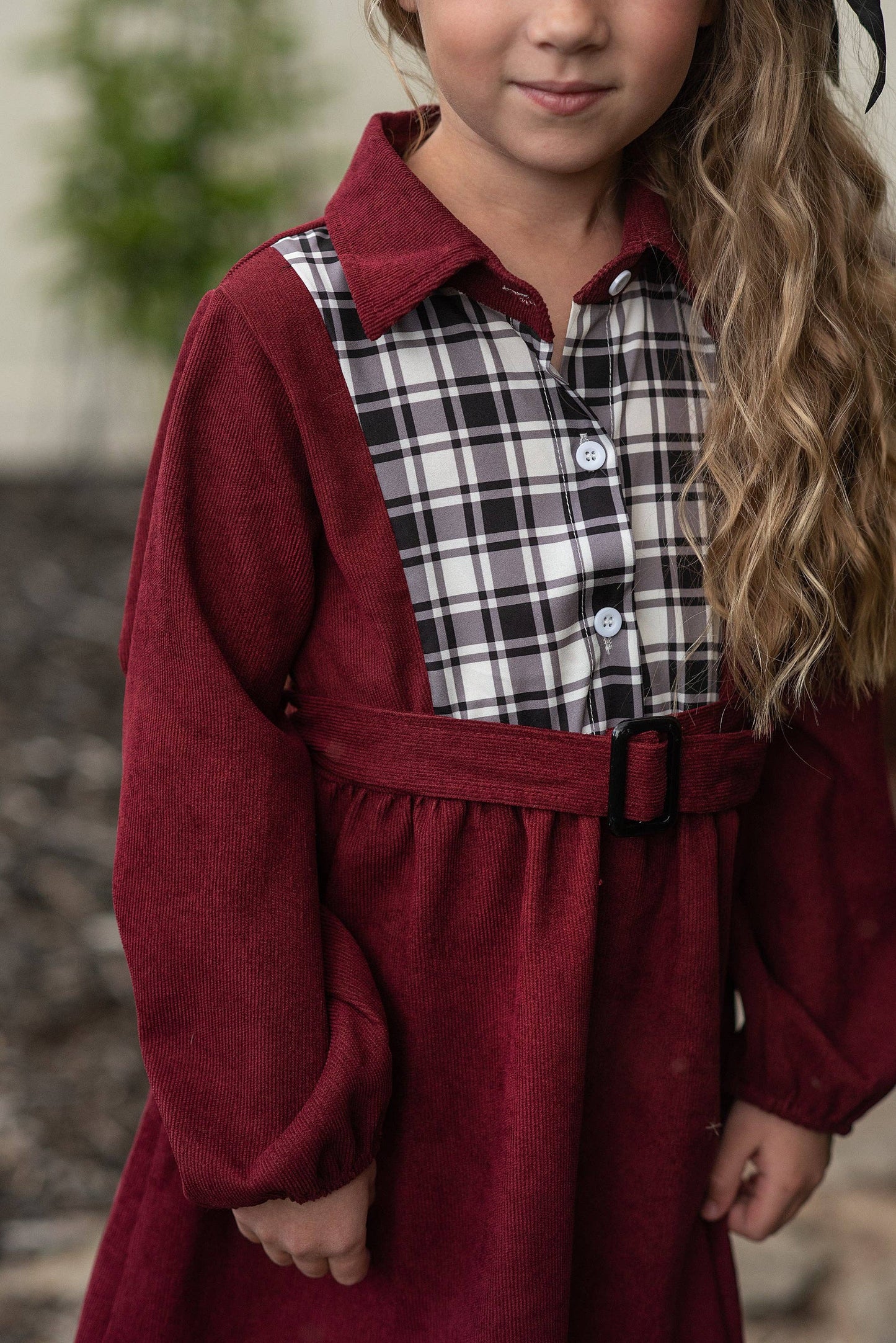Kids Burgundy Black & White Plaid Yoke Long Sleeve Dress: