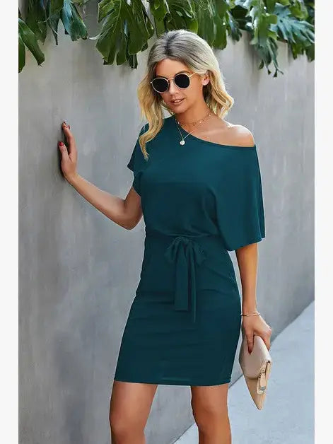 Petal Sleeve Ruffle Trim Belted Midi Dress: GREEN / XL