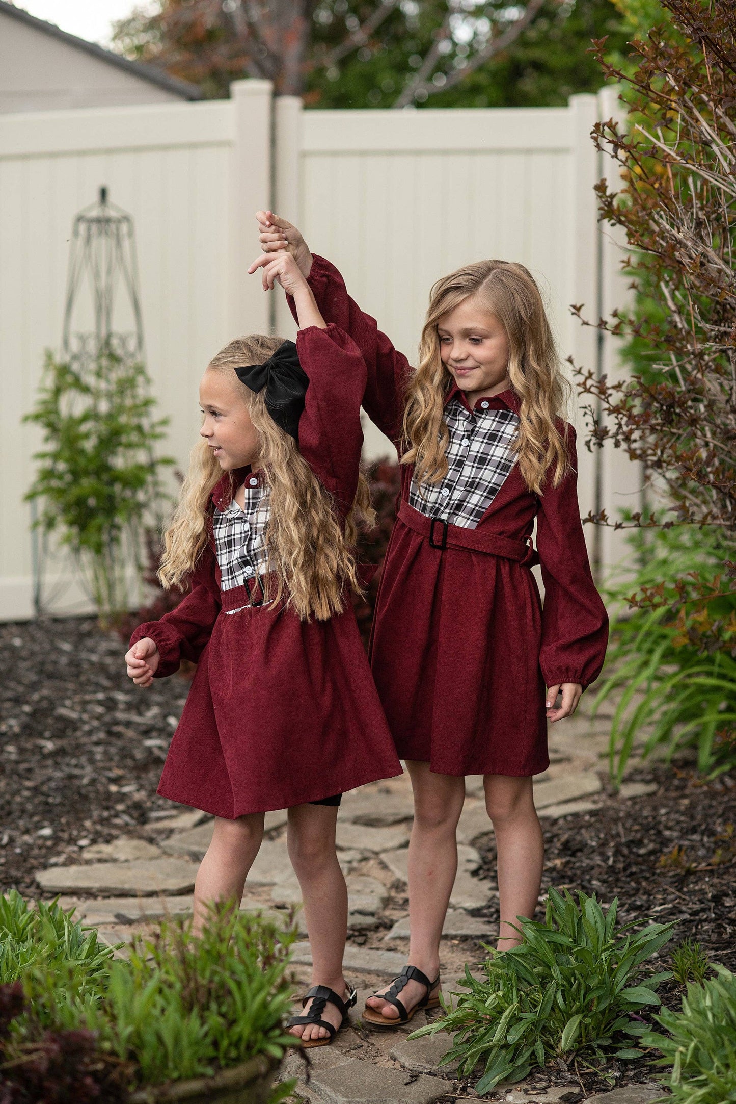 Kids Burgundy Black & White Plaid Yoke Long Sleeve Dress: