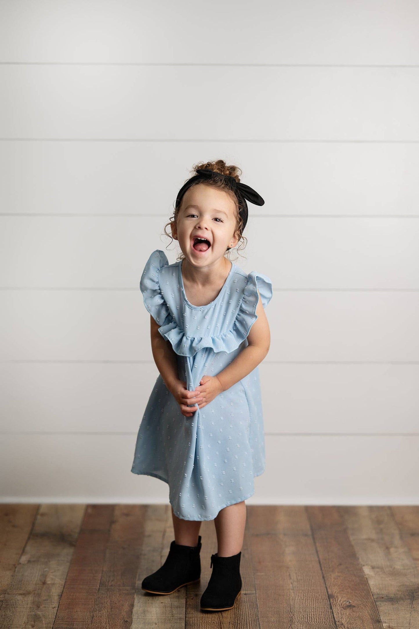 Girls Dusty Blue Ruffle Bib Swiss Dot Spring Summer Dress: