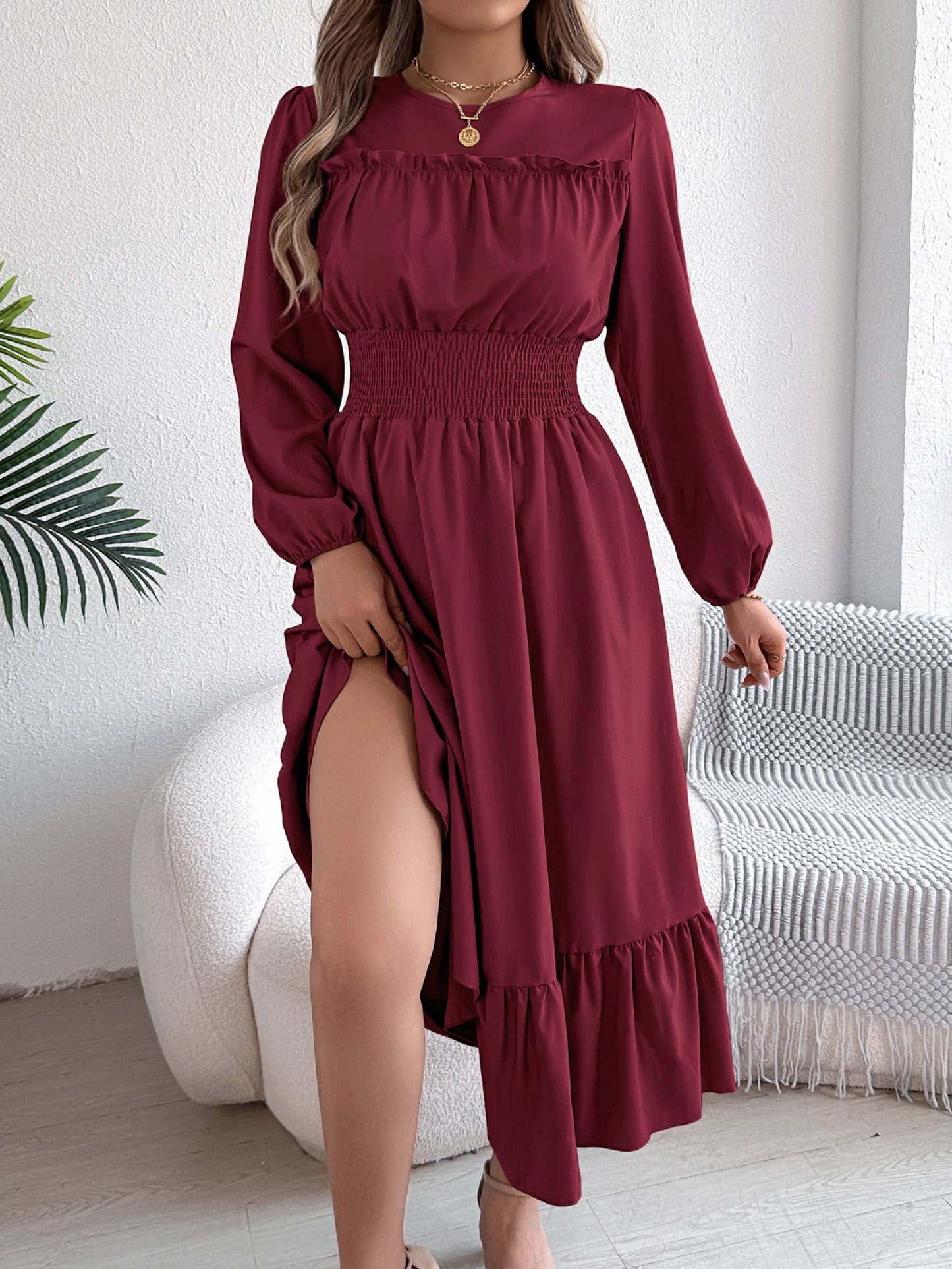 Solid Color Elegant Pleated Dress: Green