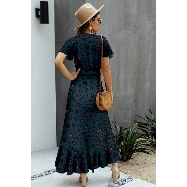 Allover Print High V Neck Low Wrap Dress: GREEN /