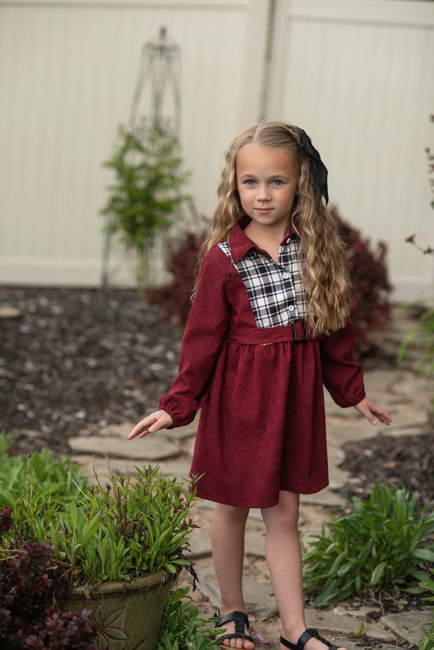 Kids Burgundy Black & White Plaid Yoke Long Sleeve Dress: