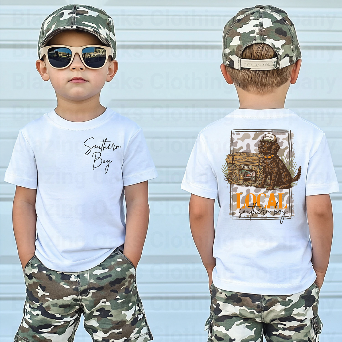 Camo Southern Boy Hunting Dog Short Sleeve Shirt: White