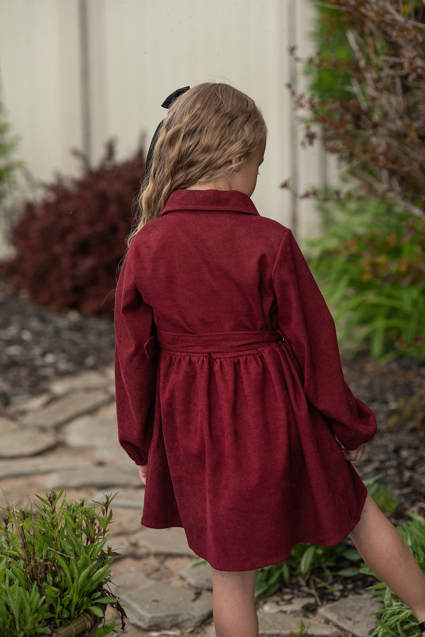 Kids Burgundy Black & White Plaid Yoke Long Sleeve Dress:
