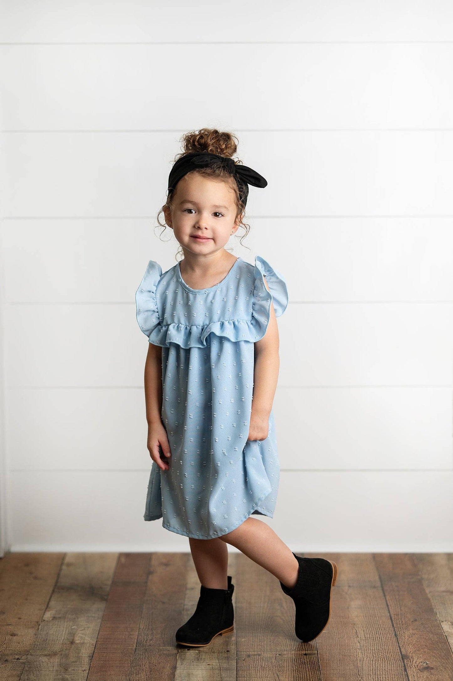 Girls Dusty Blue Ruffle Bib Swiss Dot Spring Summer Dress: