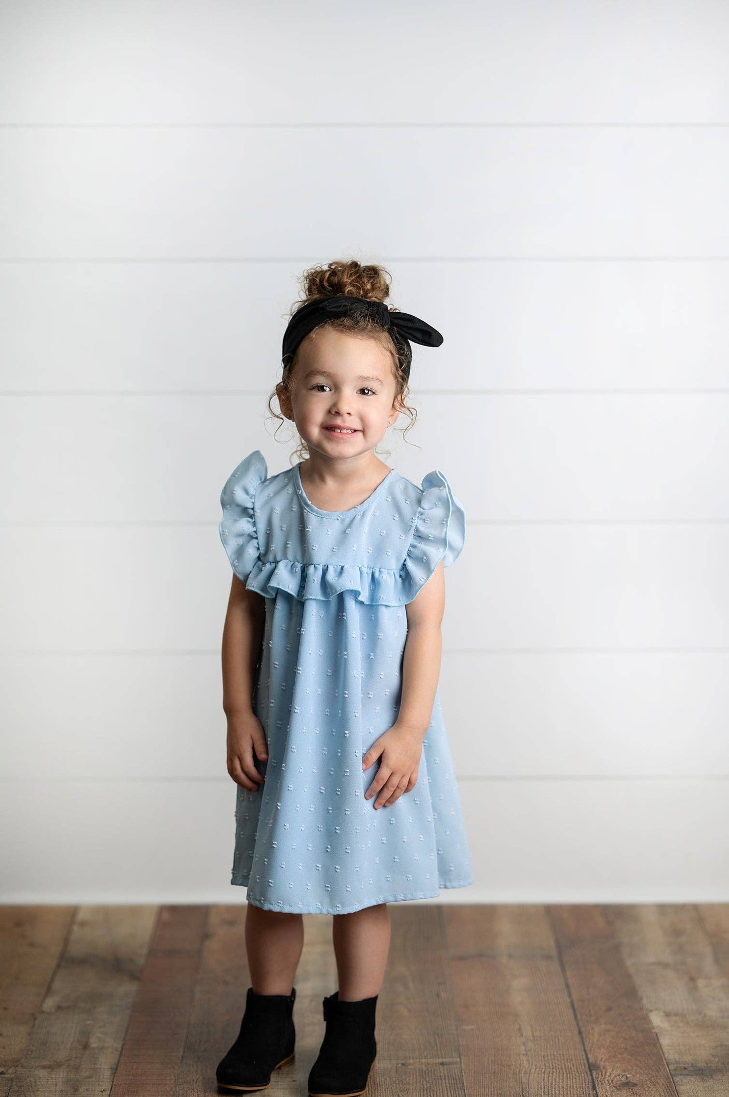 Girls Dusty Blue Ruffle Bib Swiss Dot Spring Summer Dress: