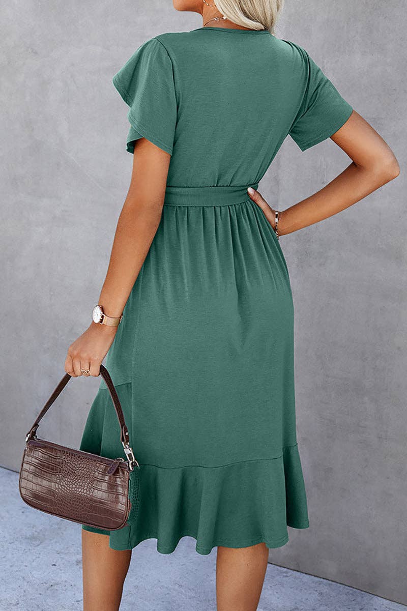 Petal Sleeve Ruffle Trim Belted Midi Dress: GREEN / L