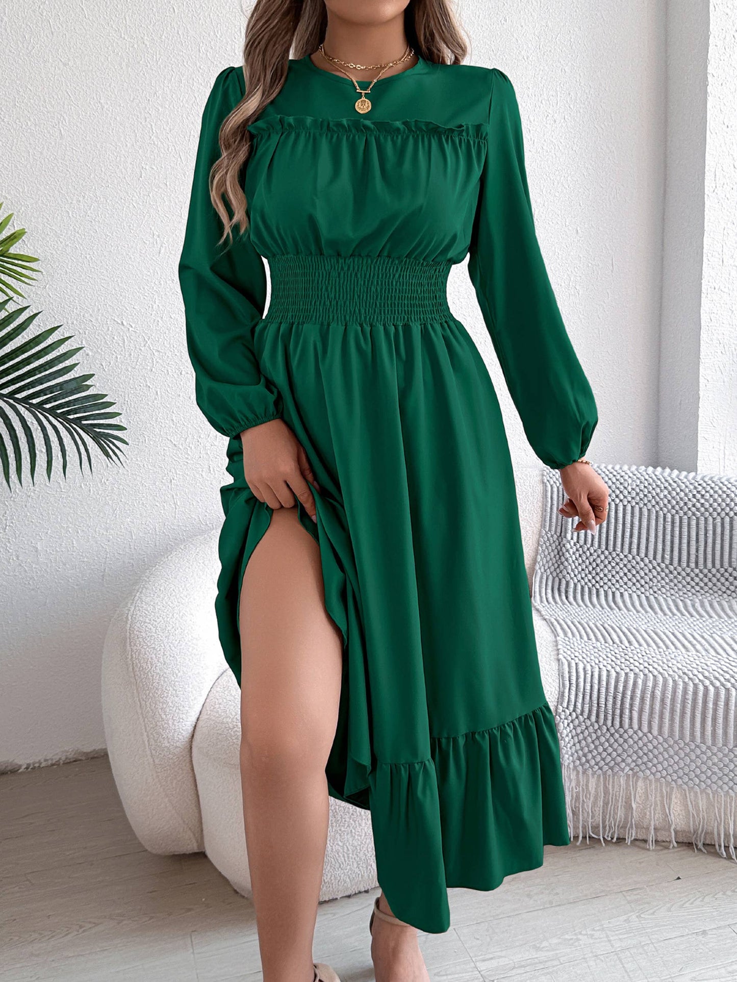 Solid Color Elegant Pleated Dress: Green