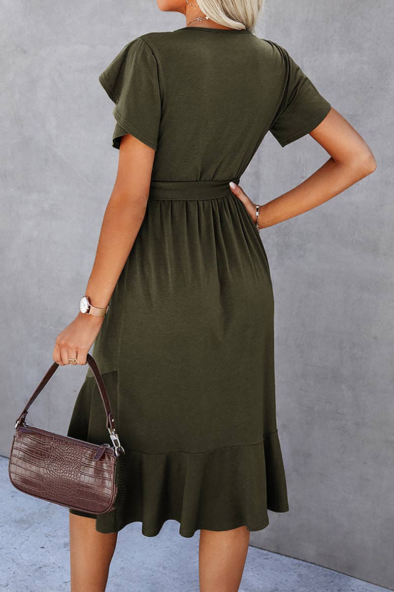 Petal Sleeve Ruffle Trim Belted Midi Dress: GREEN / XL