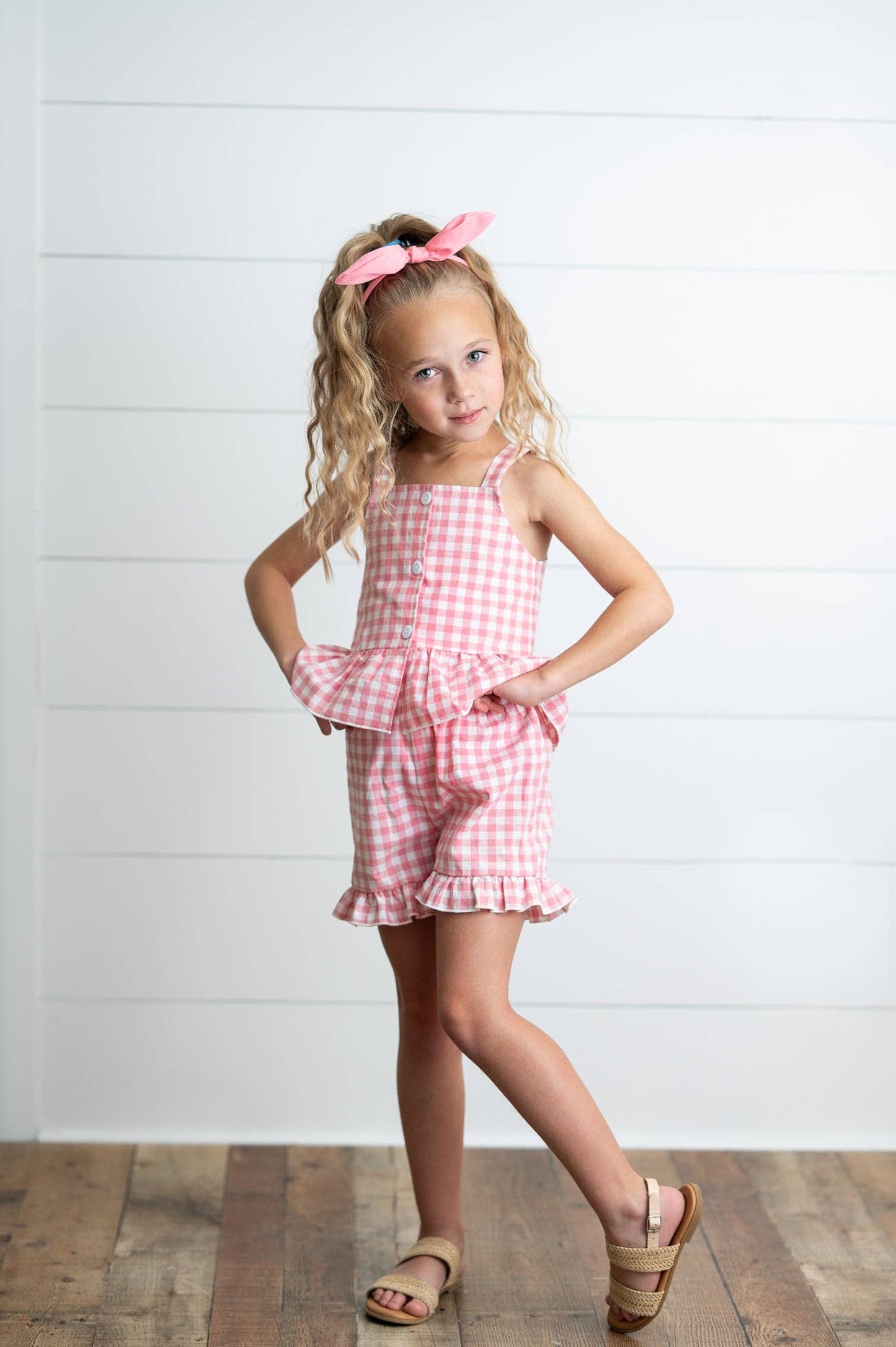 Kids Pink Check Gingham Ruffle Button Spring Short Set: