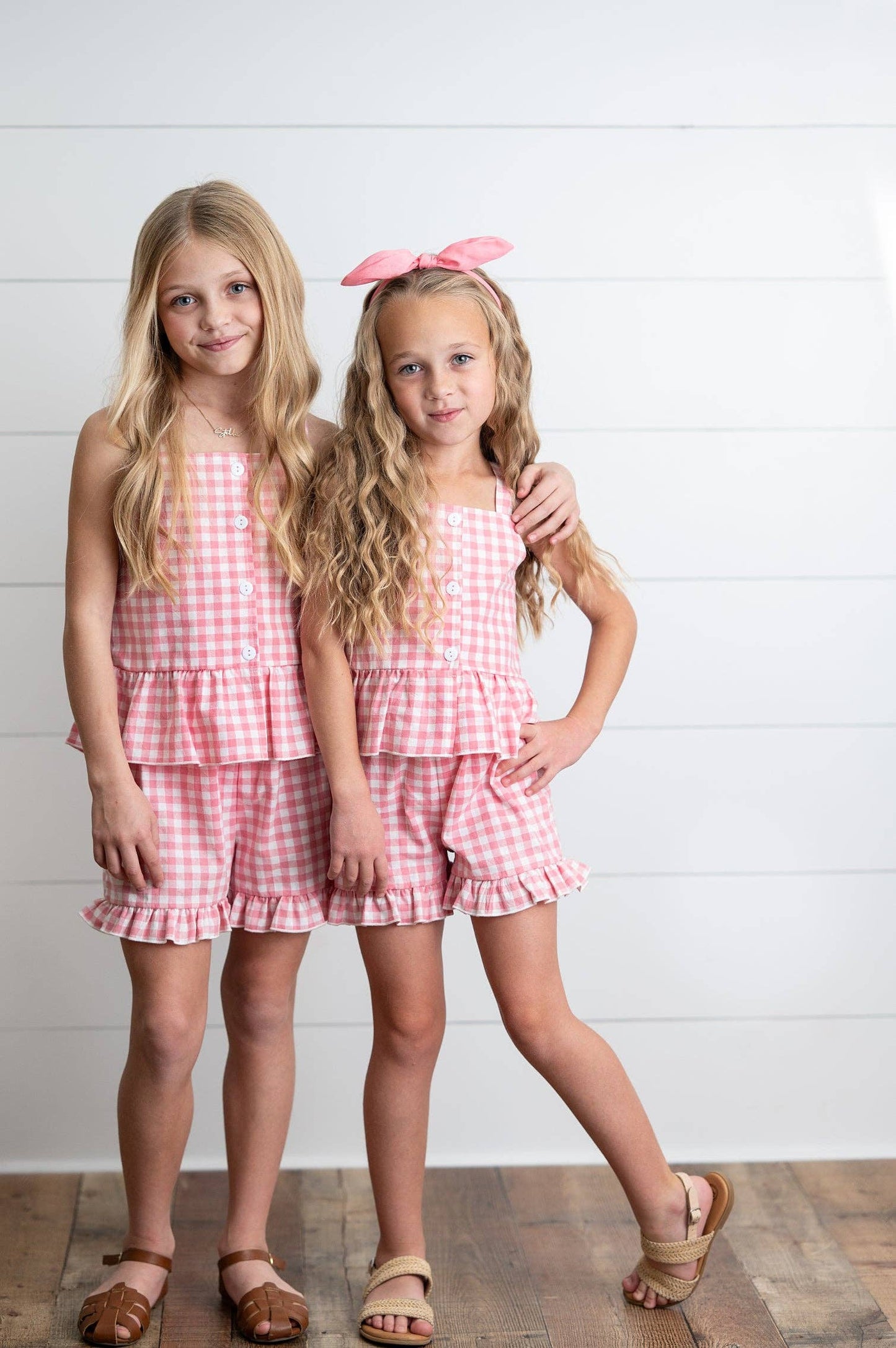 Kids Pink Check Gingham Ruffle Button Spring Short Set: