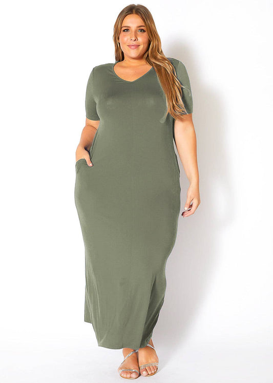 Plus Size V-neck Short Sleeve Maxi Dress With Pockets: Olive /