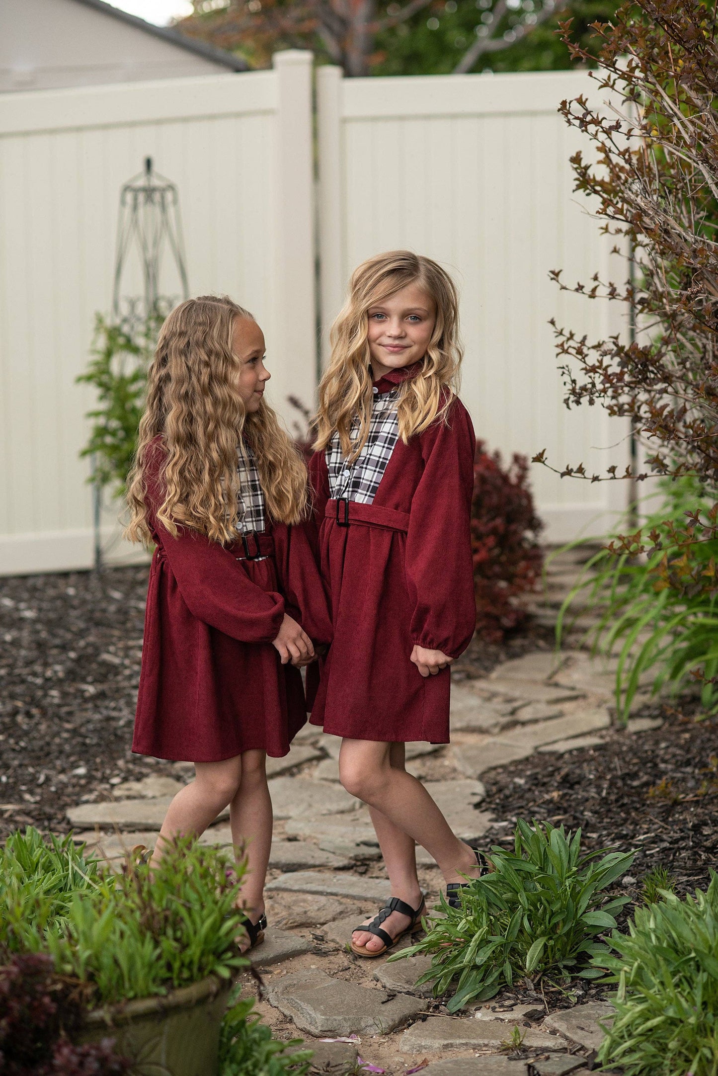 Kids Burgundy Black & White Plaid Yoke Long Sleeve Dress:
