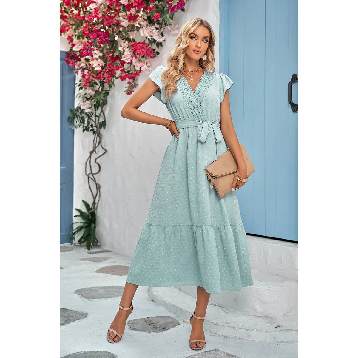 Solid Dot V Neck Lace Ruffle Belt Long Dress: LIGHT GREEN / S