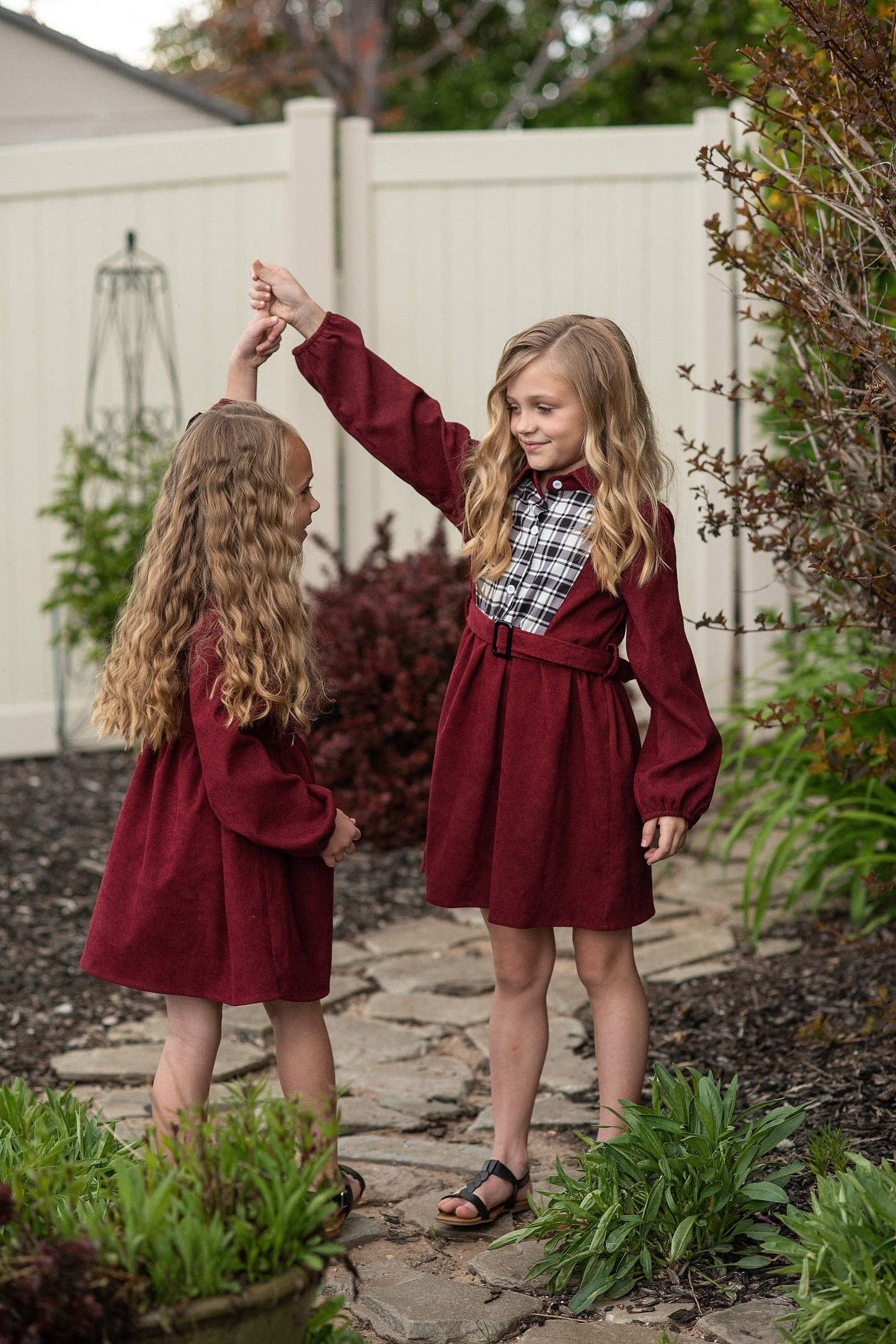 Kids Burgundy Black & White Plaid Yoke Long Sleeve Dress: