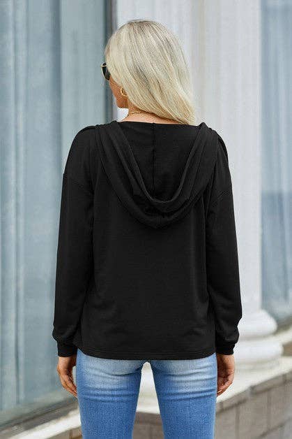 Solid Lace Trim Long Sleeve Loose Hoodie: OLIVE / L