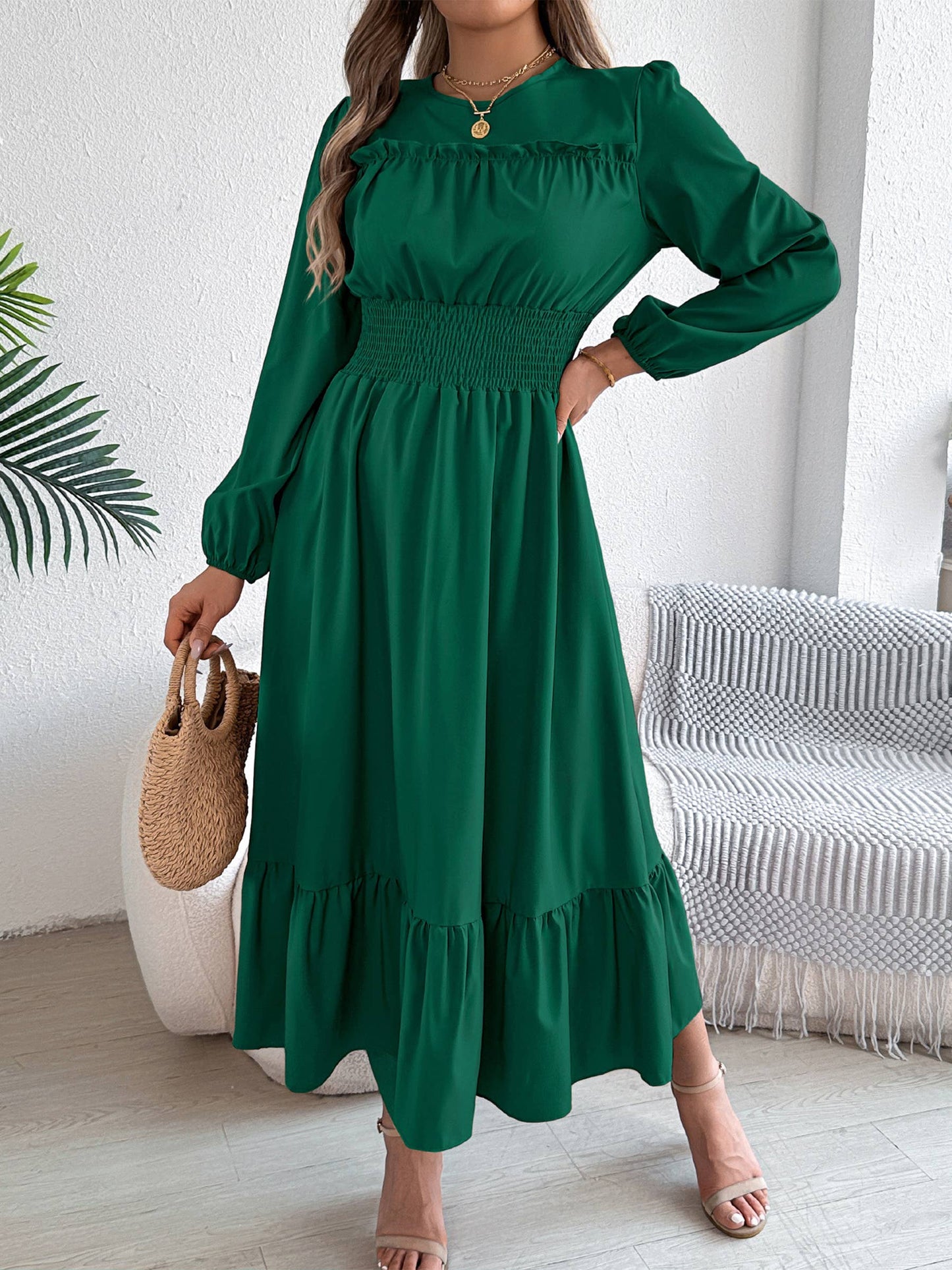 Solid Color Elegant Pleated Dress: Green