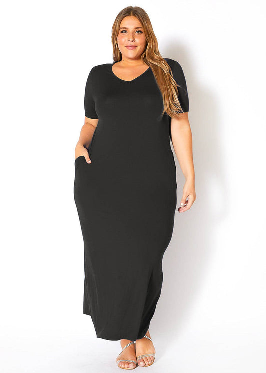 Plus Size V-neck Short Sleeve Maxi Dress With Pockets: Black /