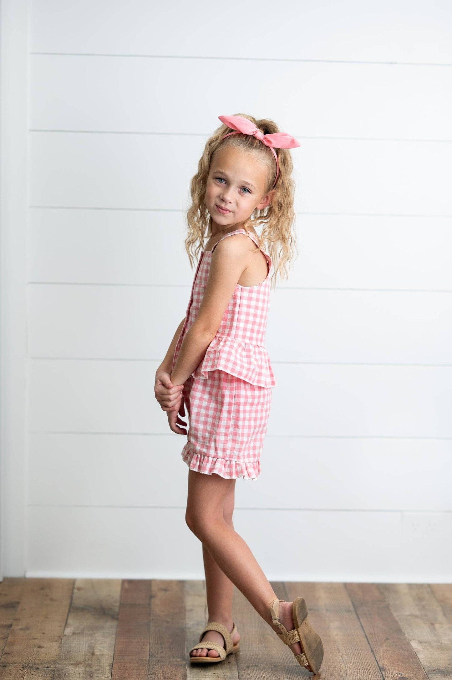 Kids Pink Check Gingham Ruffle Button Spring Short Set: