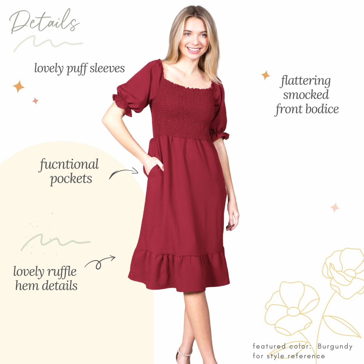 Smocked Dress Short Puff Sleeve Ruffle Smocking Crepe Midi: Taupe
