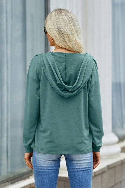Solid Lace Trim Long Sleeve Loose Hoodie: OLIVE / L