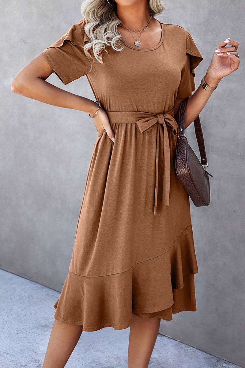 Petal Sleeve Ruffle Trim Belted Midi Dress: GREEN / L
