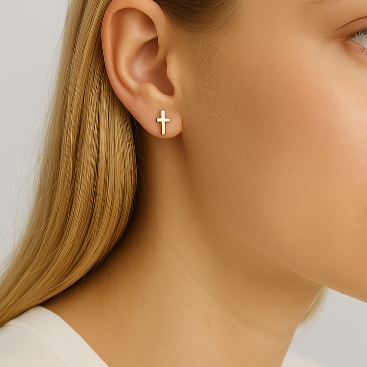 18K Gold PVD Stainless Steel Cross Stud Earrings: Gold