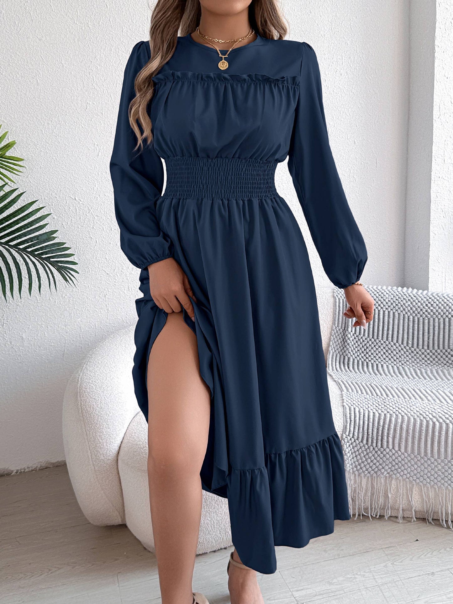 Solid Color Elegant Pleated Dress: Green