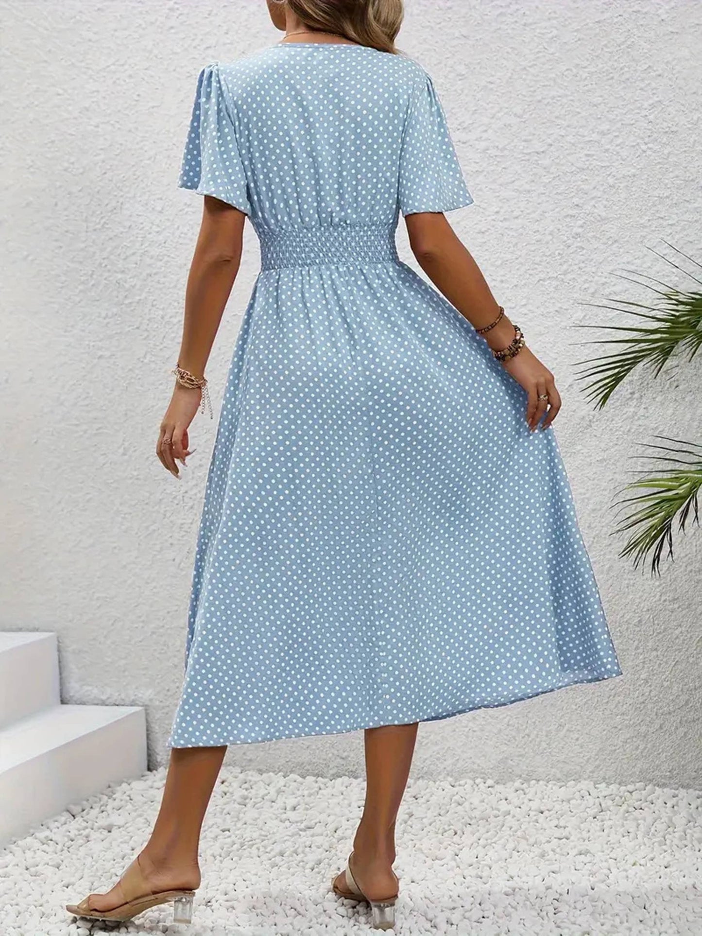 V-neck Polka Dot Pullover Casual Dress: Blue