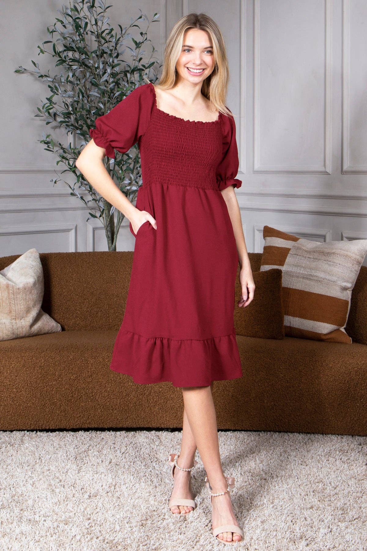 Smocked Dress Short Puff Sleeve Ruffle Smocking Crepe Midi: Taupe