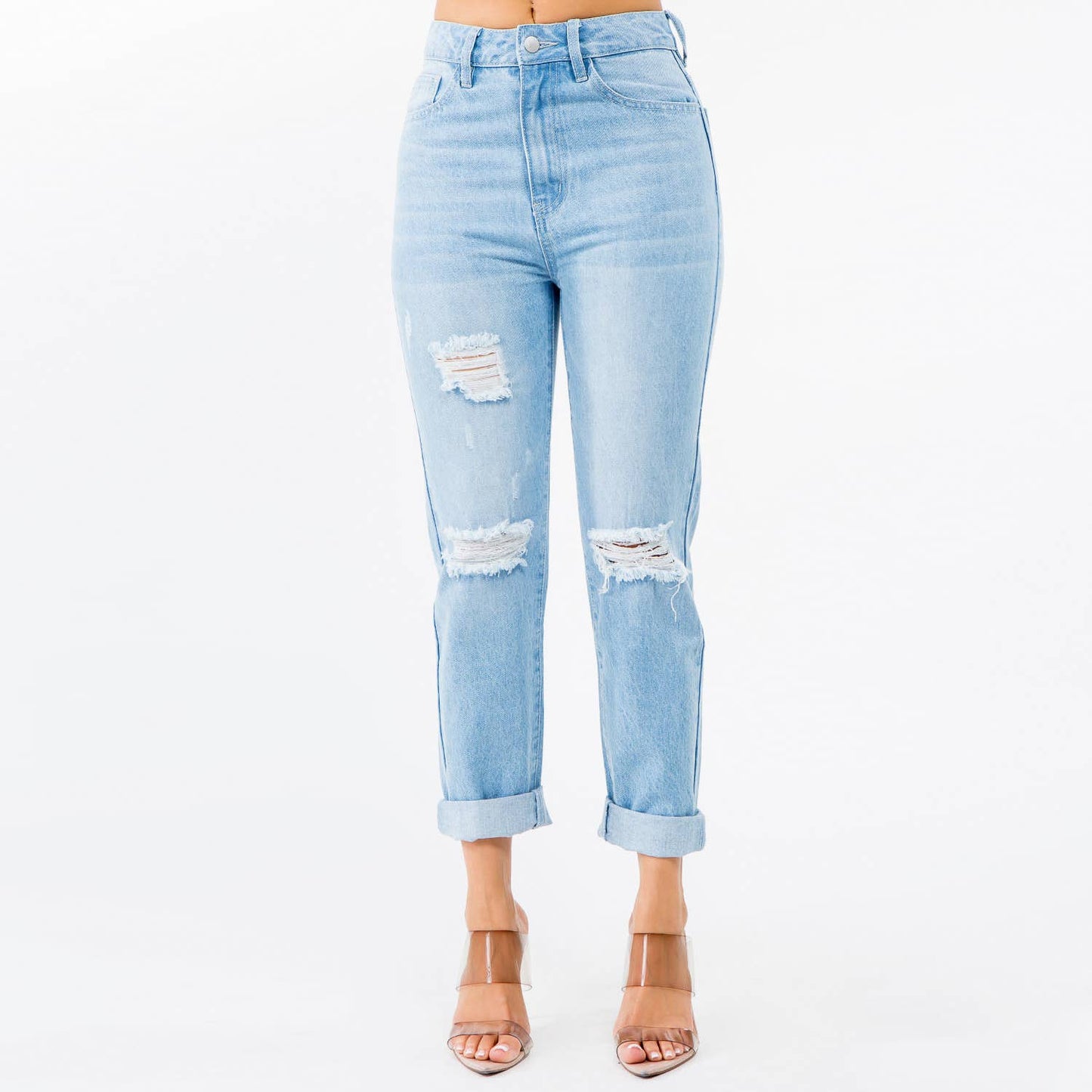 HIGH WAIST DISTRESSED MOM JEANS-RJH20507: BLUE