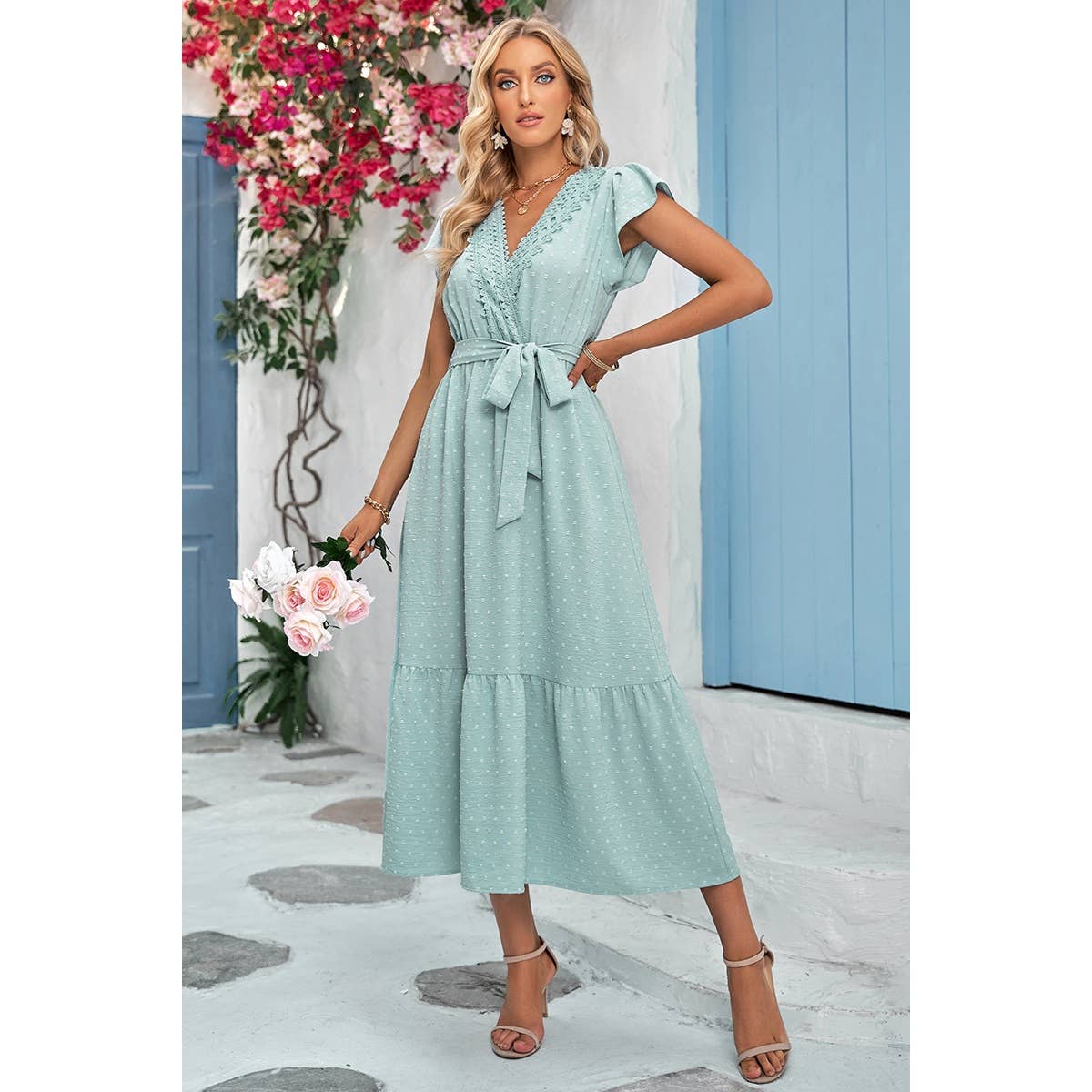 Solid Dot V Neck Lace Ruffle Belt Long Dress: LIGHT GREEN / S