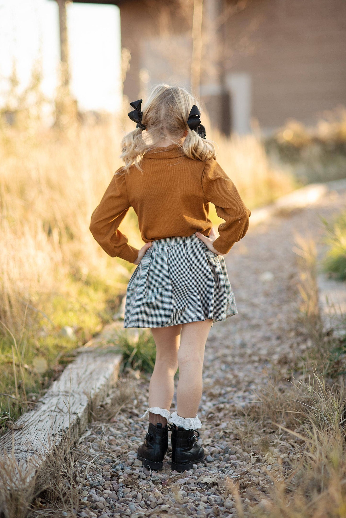Kids Carmel Puff Sleeve Top & Bow Check Fall Skirt Set: