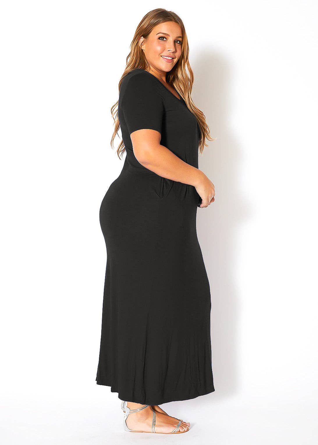 Plus Size V-neck Short Sleeve Maxi Dress With Pockets: Olive /