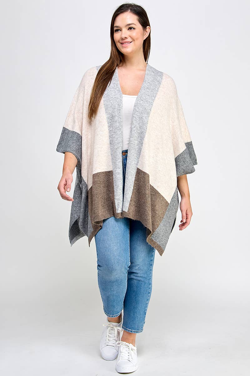 Plus Size Cardigan Colorblock Knit FM2646P-SWC: Oatmeal / Plus Size
