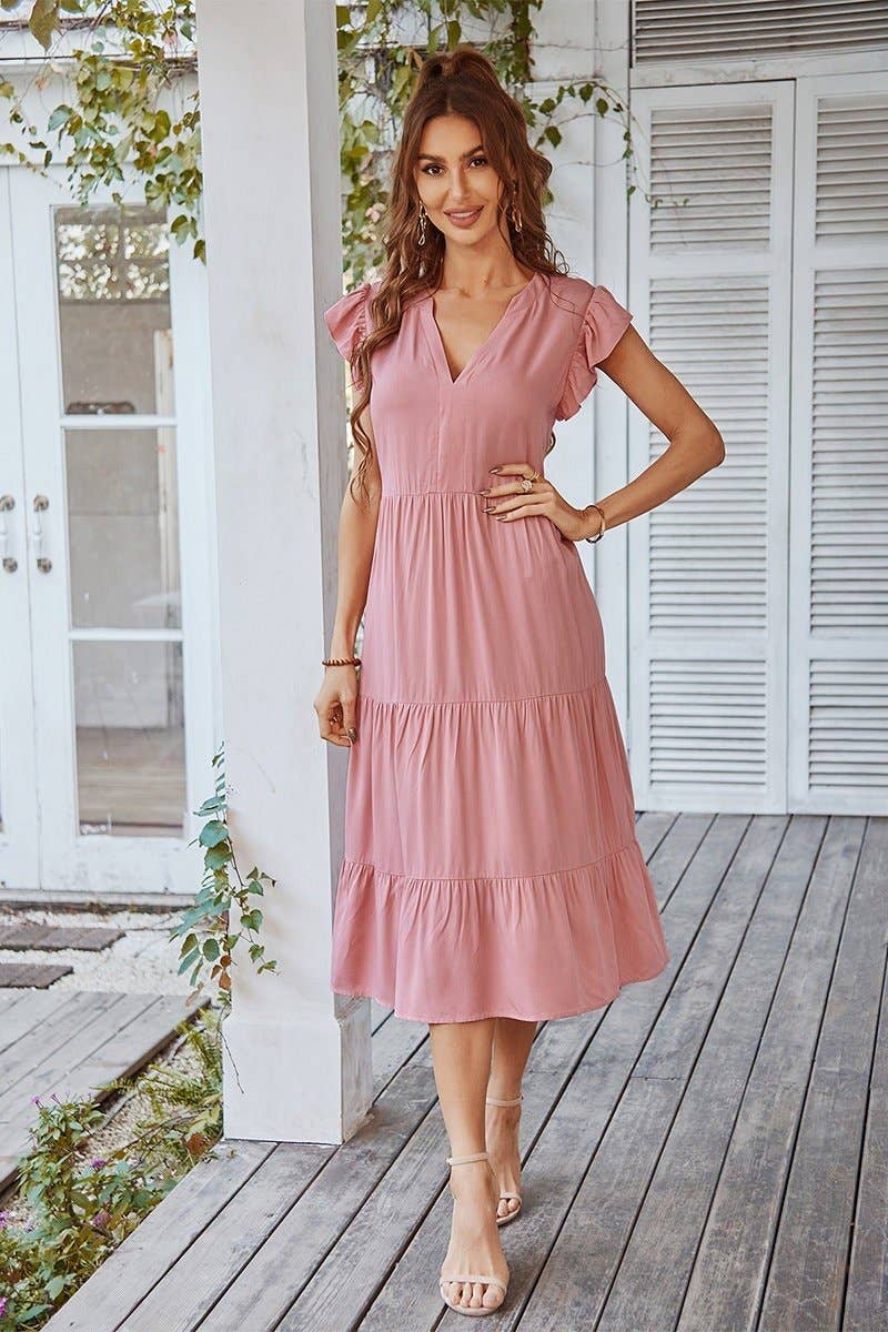 V Neck Flutter Sleeve Ruffle Hem Layered Dress: Beige /
