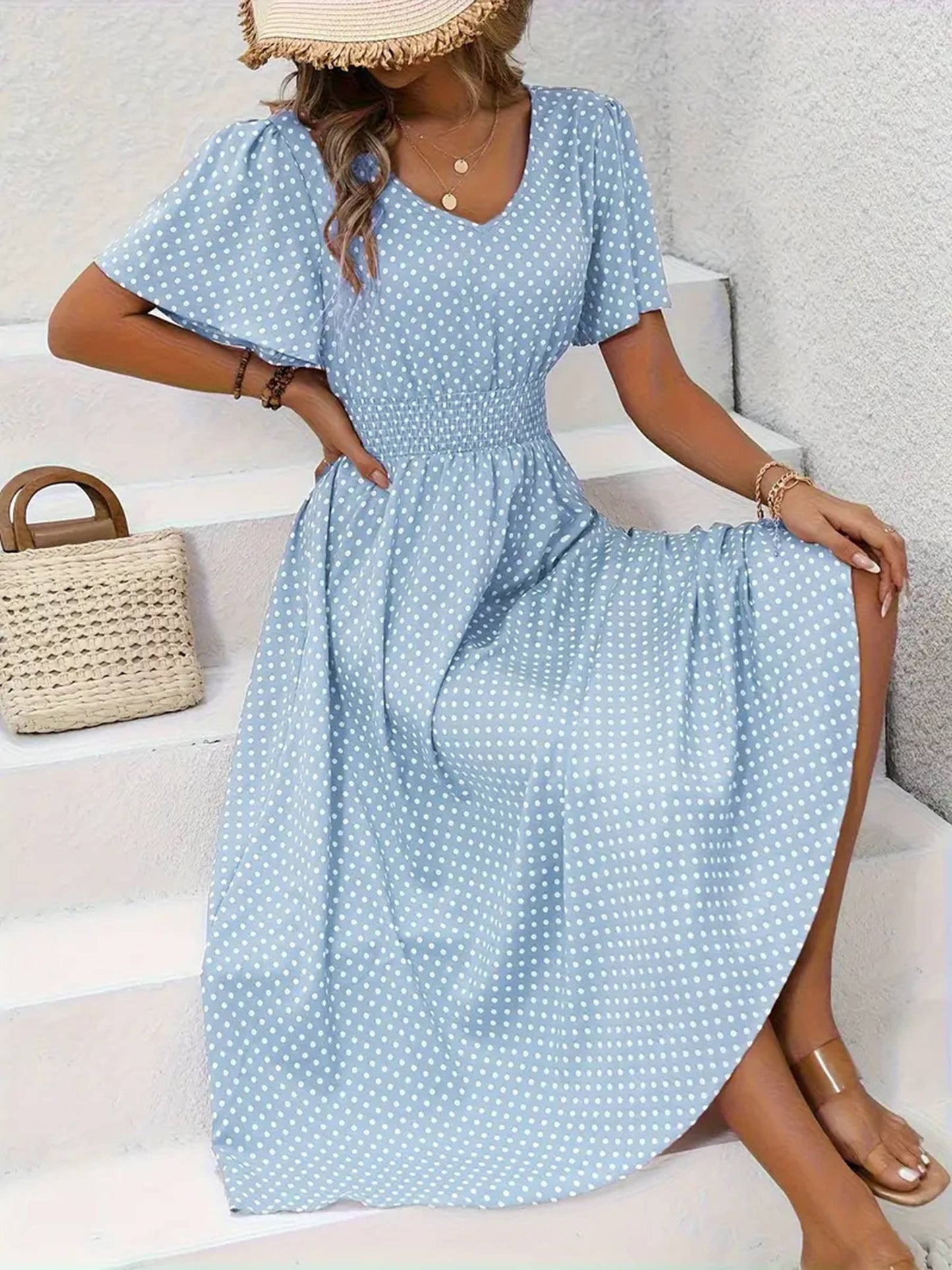 V-neck Polka Dot Pullover Casual Dress: Blue