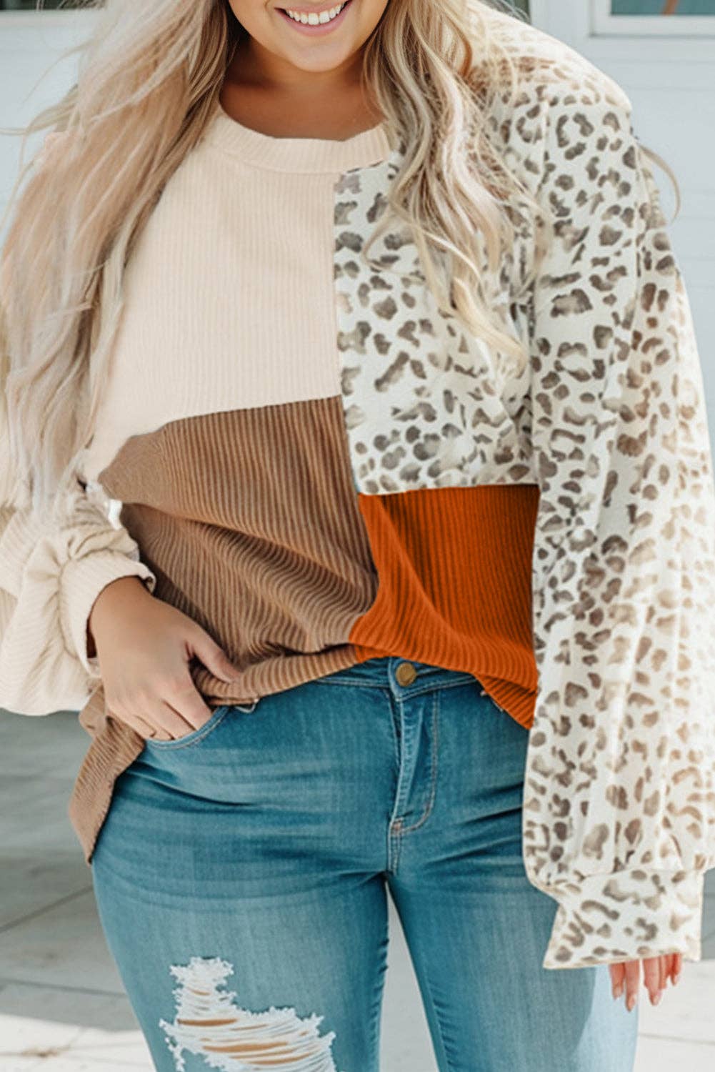 Colorblock Leopard Splicing Top Plus Size: Khaki / 85%Polyester+15%Elastane
