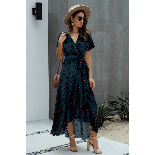 Allover Print High V Neck Low Wrap Dress: GREEN /