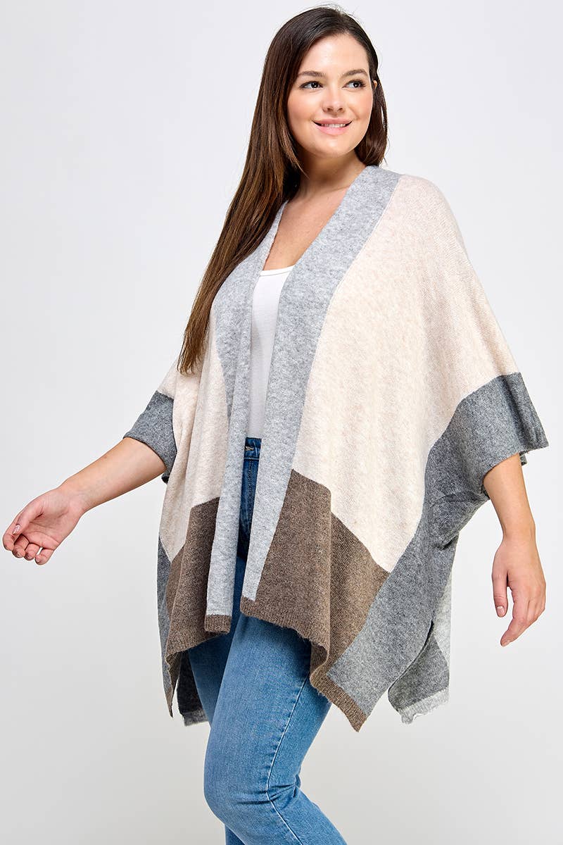 Plus Size Cardigan Colorblock Knit FM2646P-SWC: Oatmeal / Plus Size