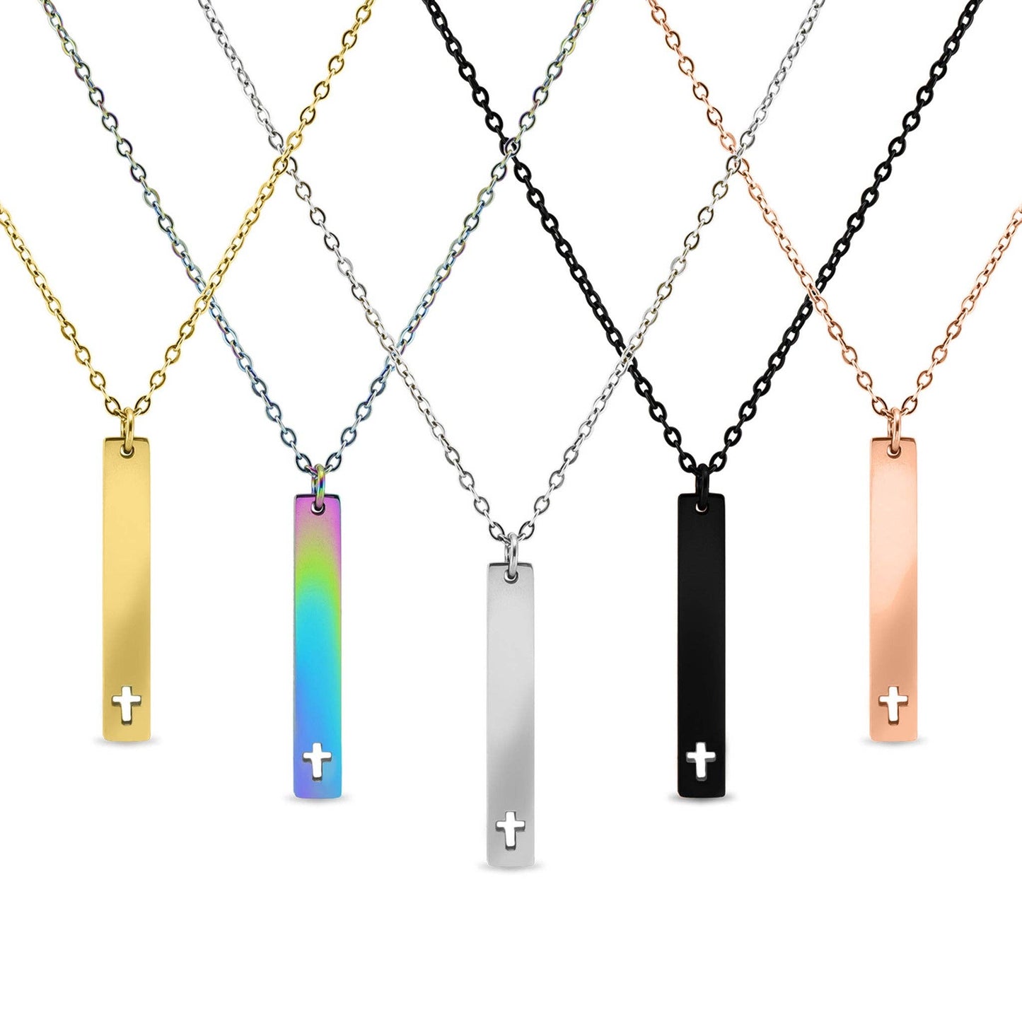 Stainless Steel Vertical Cross Cutout Bar Necklace: Stainless