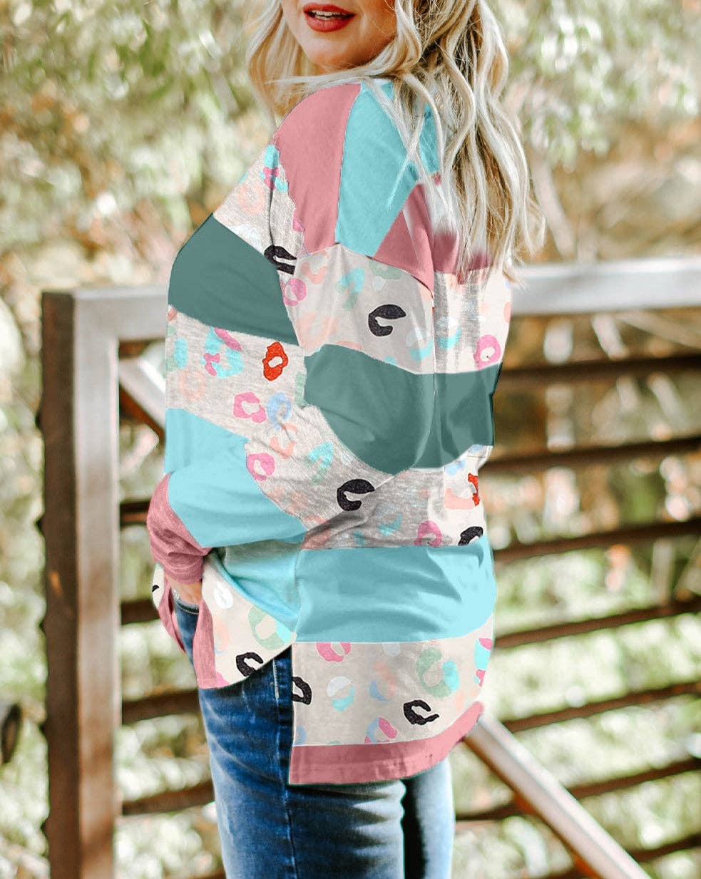 Stripe Colorblock Pullover Top Plus Size: Green / 95%Polyester+5%Elastane