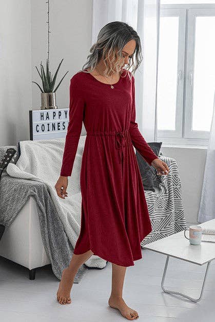 Solid Round Neck Long Sleeve Drawstring Dress: ROYAL BLUE / L